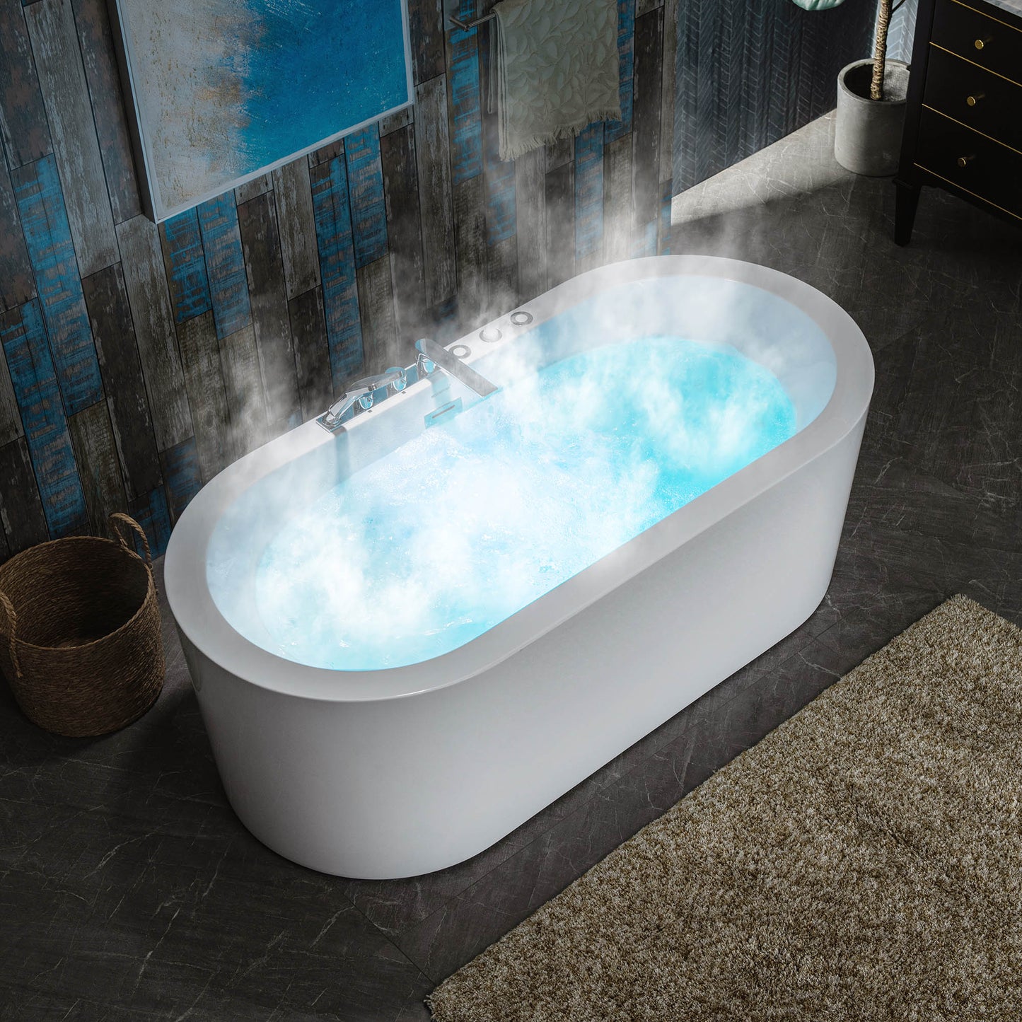 WOODBRIDGE BJ200+F0041CH - 66-1/2" x 31-7/8" Whirlpool Water Jetted and Air Bubble Freestanding Heated Soaking Combination Bathtub with Tub Filler