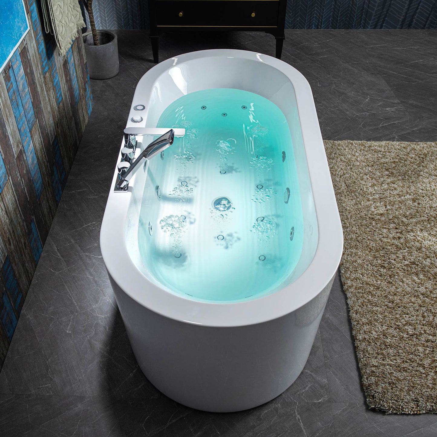 WOODBRIDGE BJ200+F0041CH - 66-1/2" x 31-7/8" Whirlpool Water Jetted and Air Bubble Freestanding Heated Soaking Combination Bathtub with Tub Filler