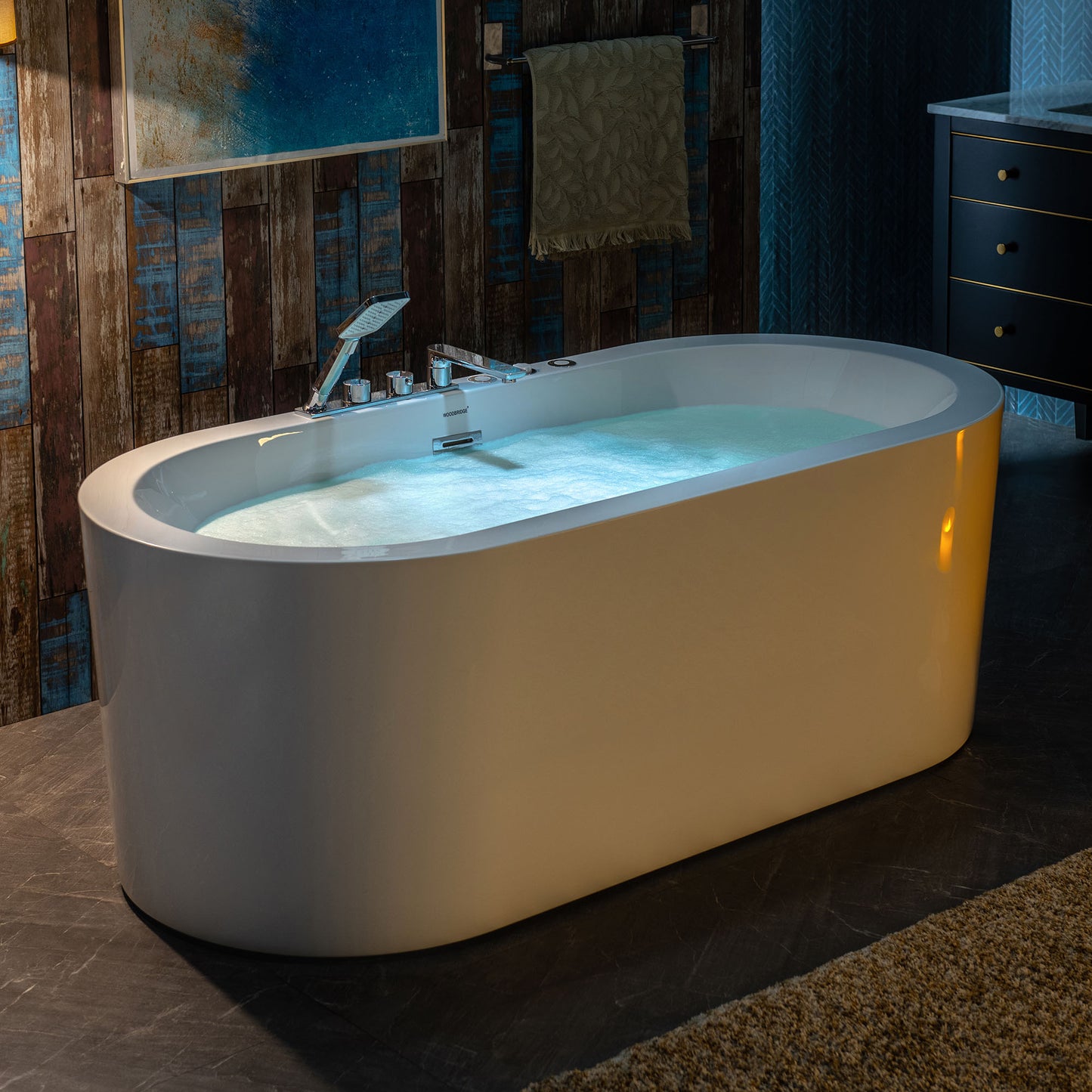 WOODBRIDGE BJ200+F0041CH - 66-1/2" x 31-7/8" Whirlpool Water Jetted and Air Bubble Freestanding Heated Soaking Combination Bathtub with Tub Filler