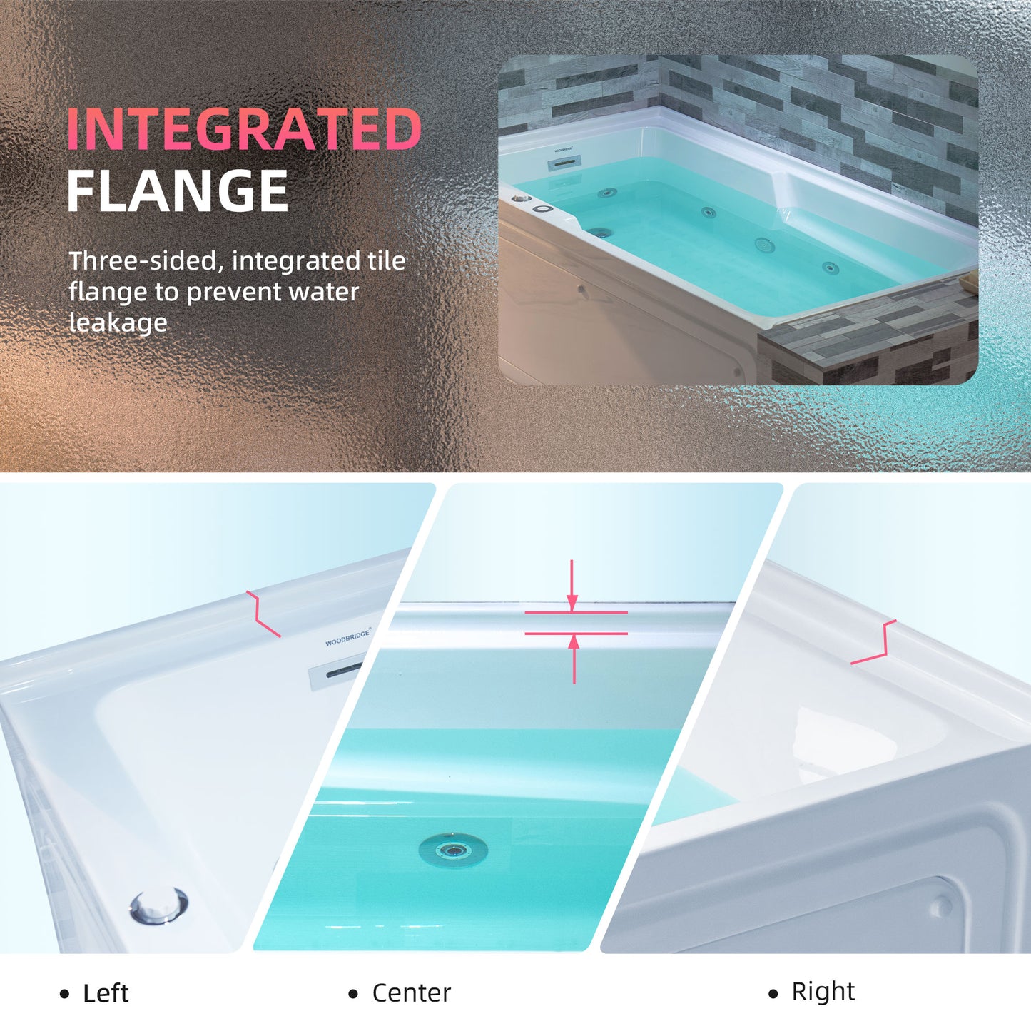 WOODBRIDGE BS6030L - 60" Alcove Rectangular Whirlpool Tub with Left Drain, Inline Heater, and Chrome Pop-up Drain