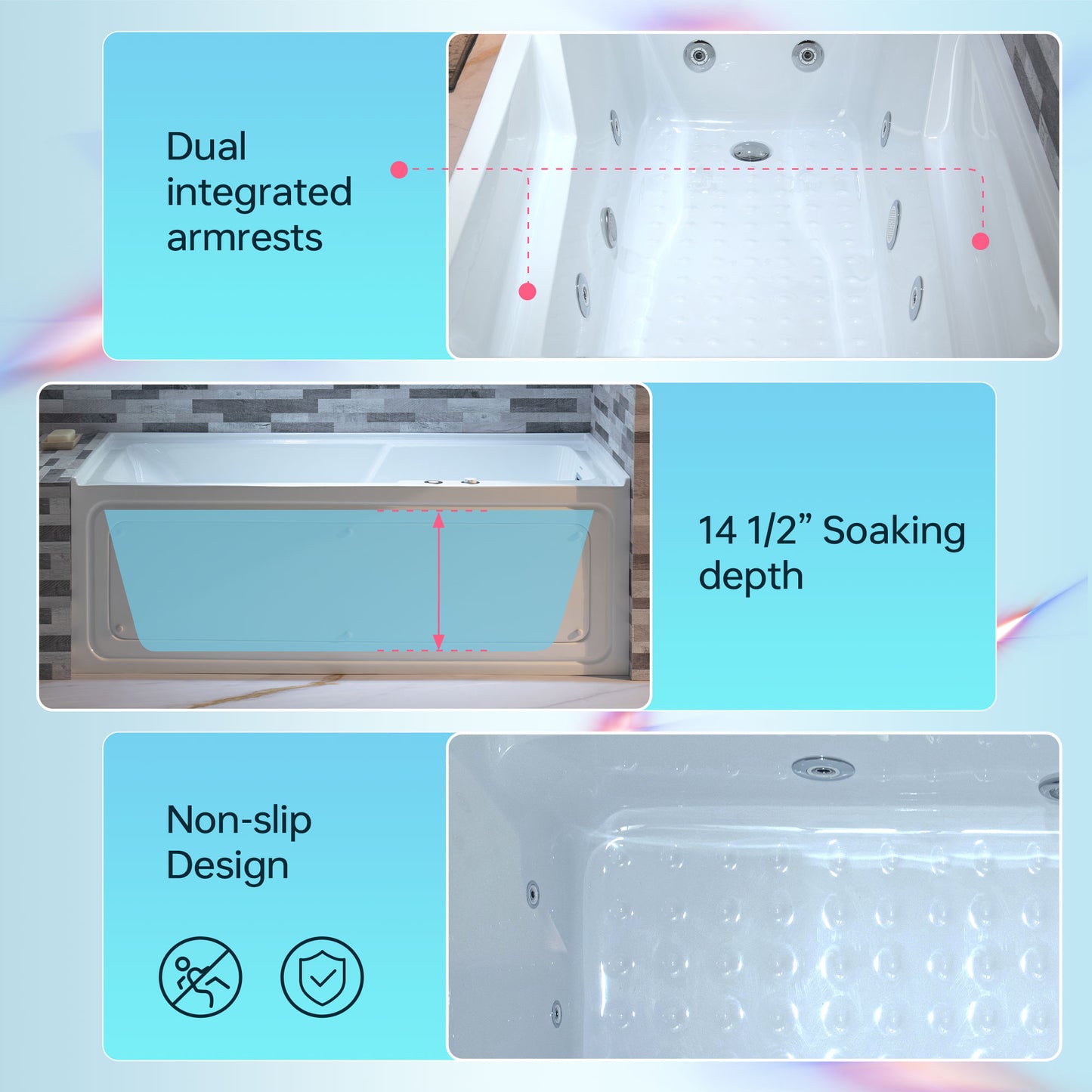 WOODBRIDGE BS6030R - 60"x 30"x 21-5/8" Alcove Rectangular Whirlpool Tub with Right Drain, CHROME Pop-Up Drain AND Inline Heater Included