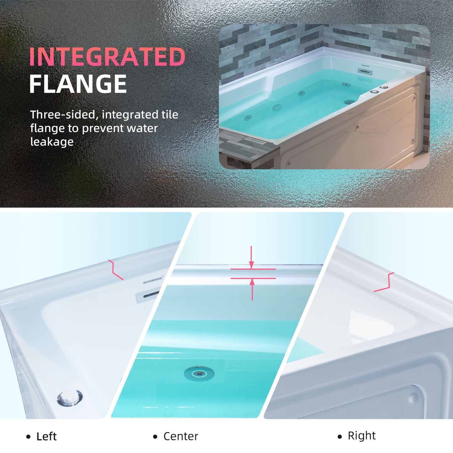WOODBRIDGE BS6030R - 60"x 30"x 21-5/8" Alcove Rectangular Whirlpool Tub with Right Drain, CHROME Pop-Up Drain AND Inline Heater Included