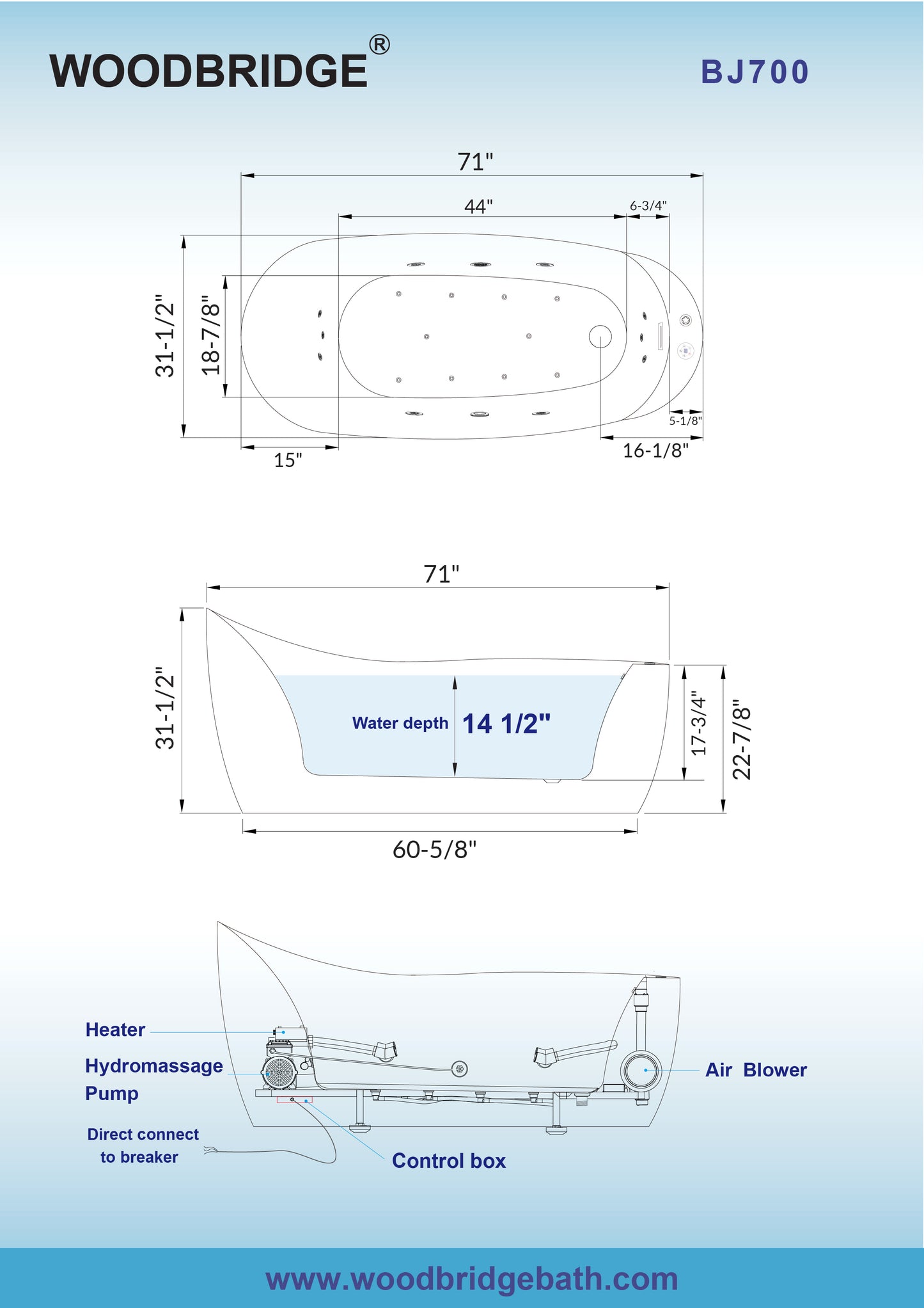 71" Multi-Speed Whirlpool Bathtub | Heated Combo & Air Blower