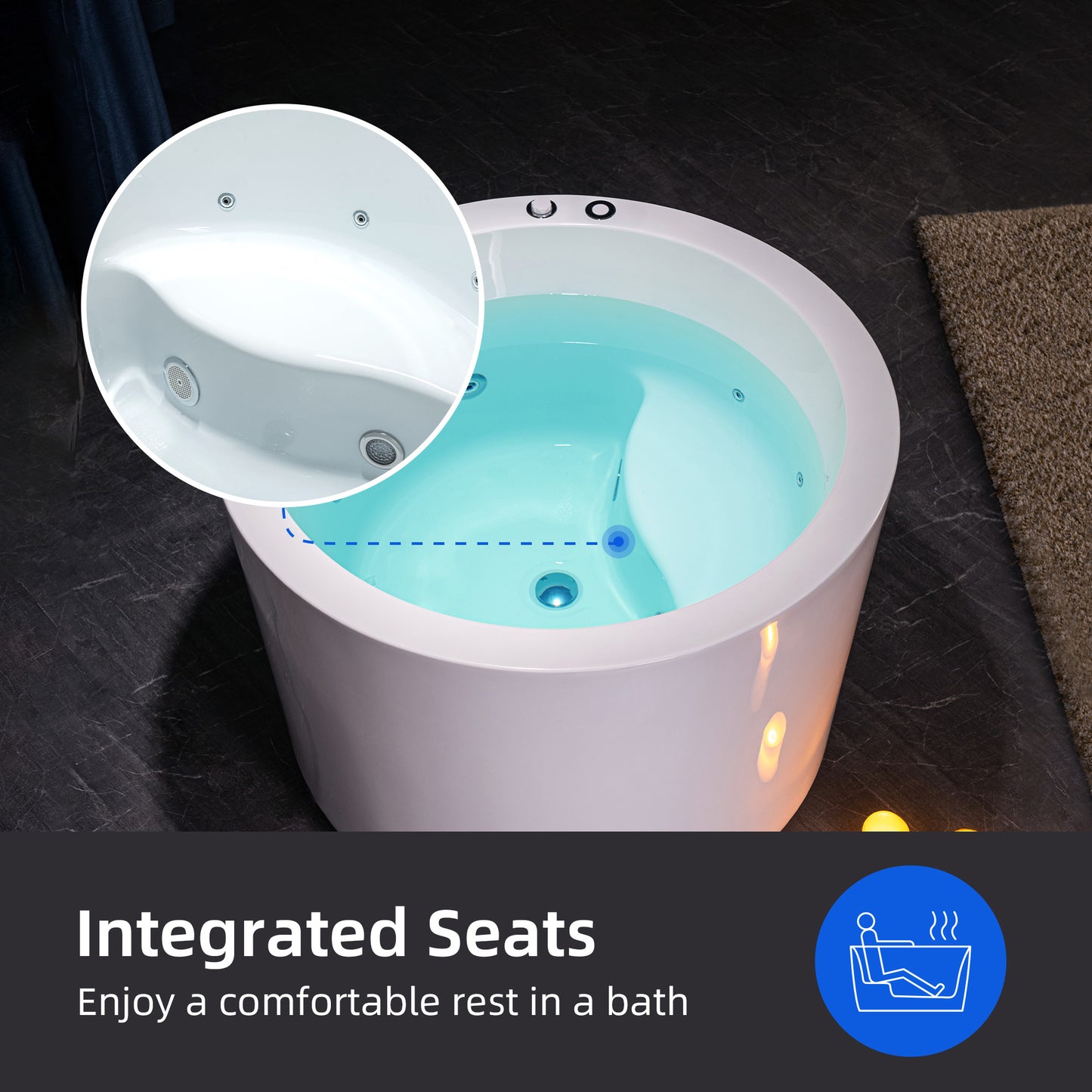 WOODBRIDGE BS0260 - 41" Japanese-Style Freestanding Circular Whirlpool Heated Jetted Tub with Integrated Seat