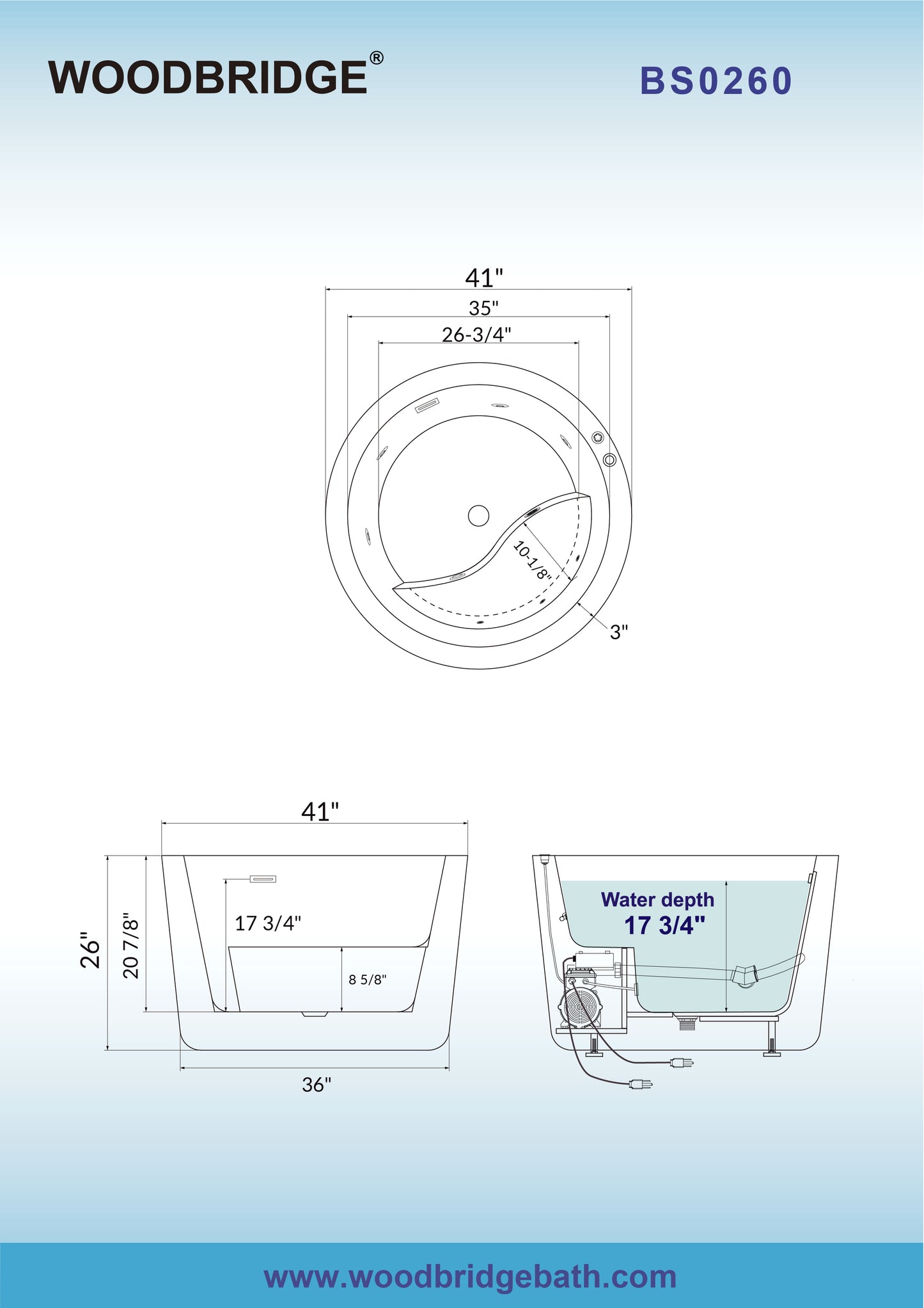 WOODBRIDGE BS0260 - 41" Japanese-Style Freestanding Circular Whirlpool Heated Jetted Tub with Integrated Seat