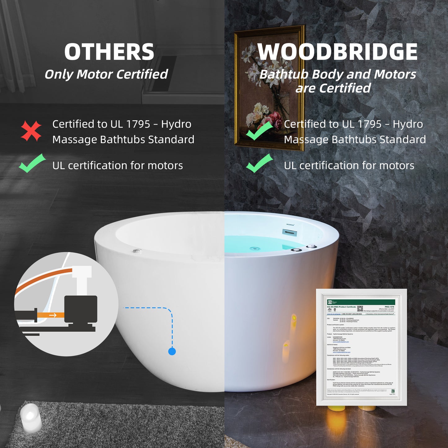 WOODBRIDGE BS0260 - 41" Japanese-Style Freestanding Circular Whirlpool Heated Jetted Tub with Integrated Seat