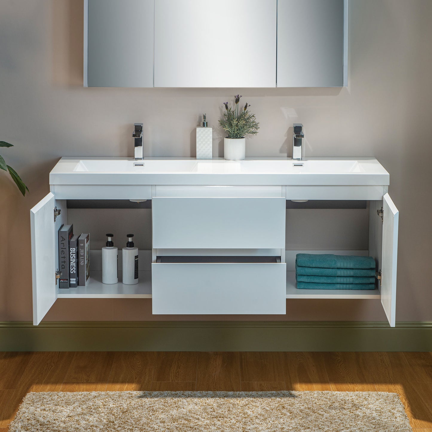 WOODBRIDGE | Wall-Mounted Floating Bathroom Vanity | Glossy White Resin Top | White Cabinet