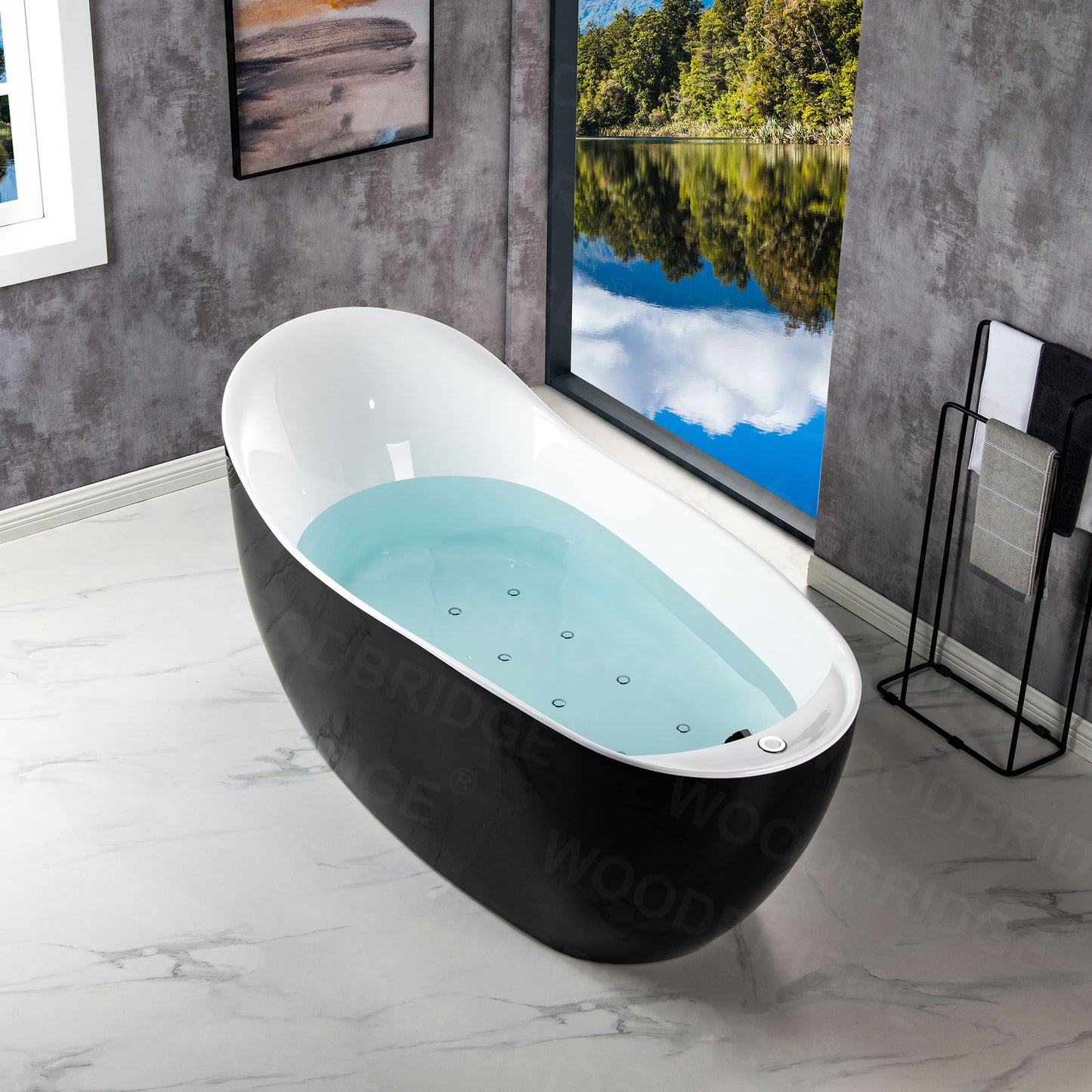 67" Black Air Bubble Bathtub With Dual-Tone Freestanding Slipper