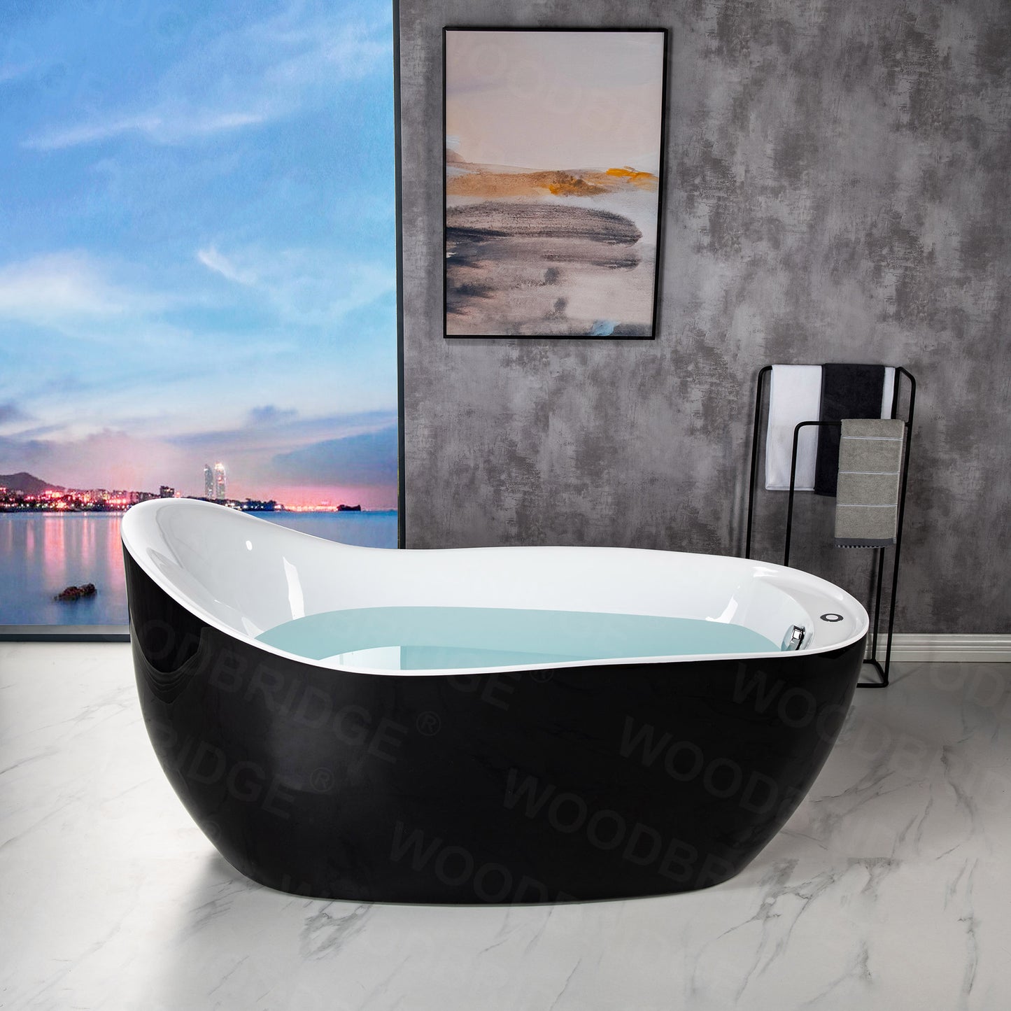 67" Black Air Bubble Bathtub With Dual-Tone Freestanding Slipper