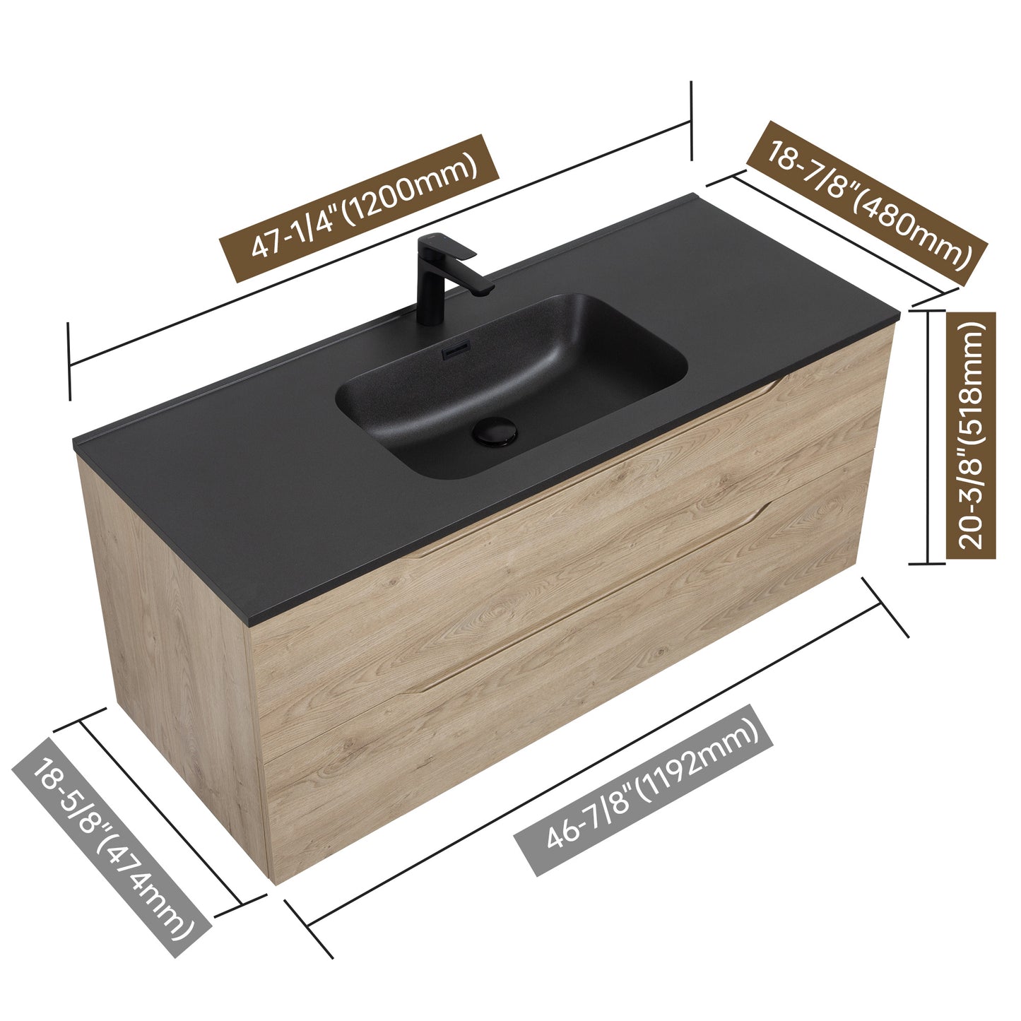WOODBRIDGE Evita | Wall-Mounted Floating Bathroom Vanity | Black Quartz Composite Top | Oak Finish
