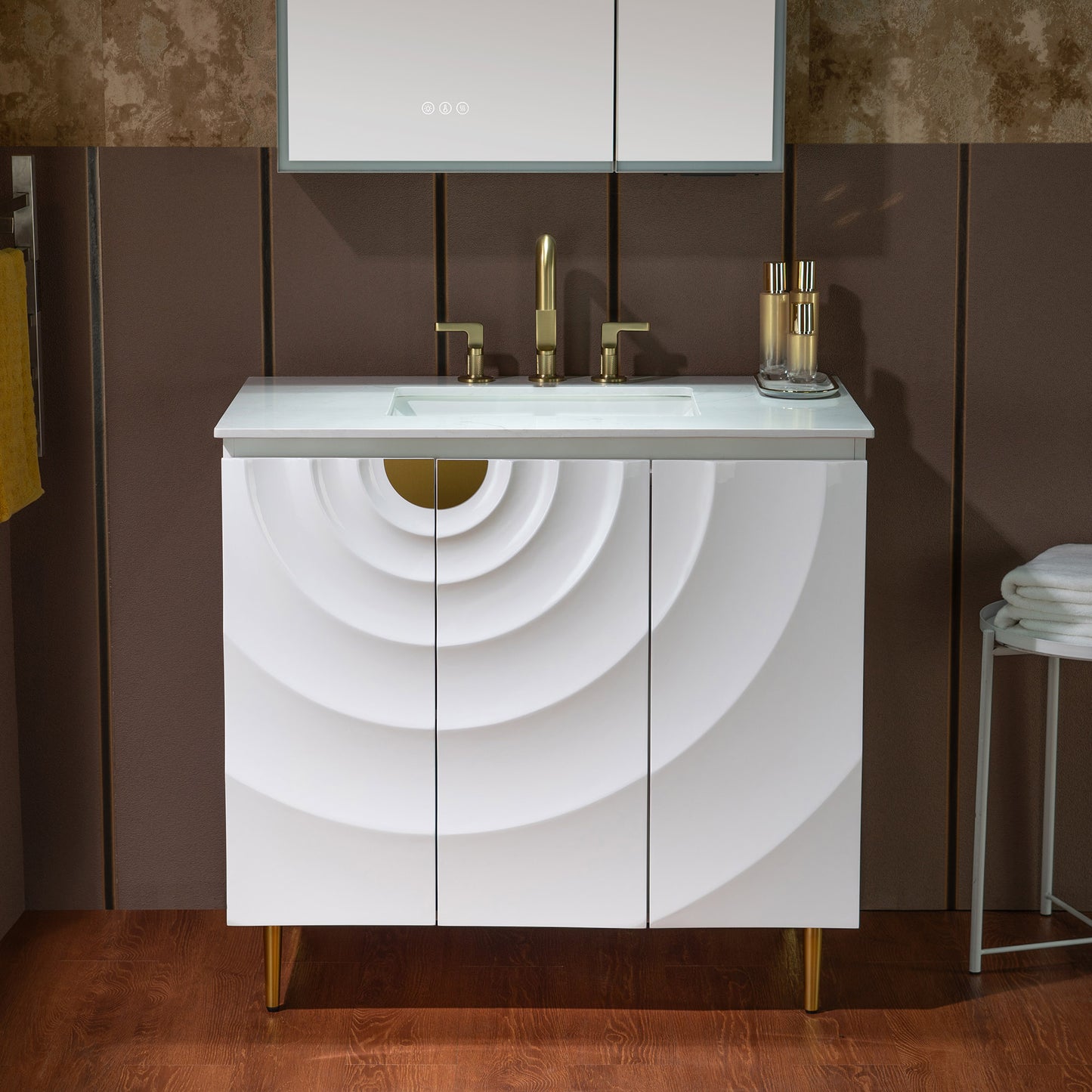 WOODBRIDGE 36" Cairo.WH.3A | Bathroom Vanity | with White Engineered Stone Top, Ceramic Undermount Sink, White Finish, 3D Wave Pattern Doors & Thin-Leg Design
