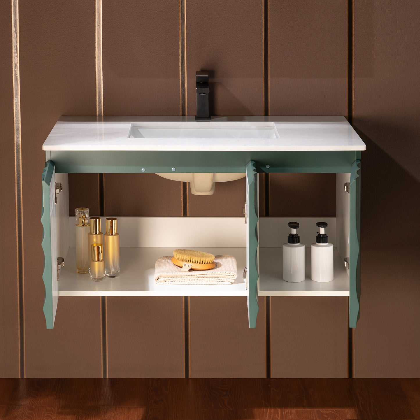 WOODBRIDGE 36" Cairo-GRN-36FW | Wall-Mounted Floating Bathroom Vanity with White Stone Top, Ceramic Undermount Sink & Green Cabinet
