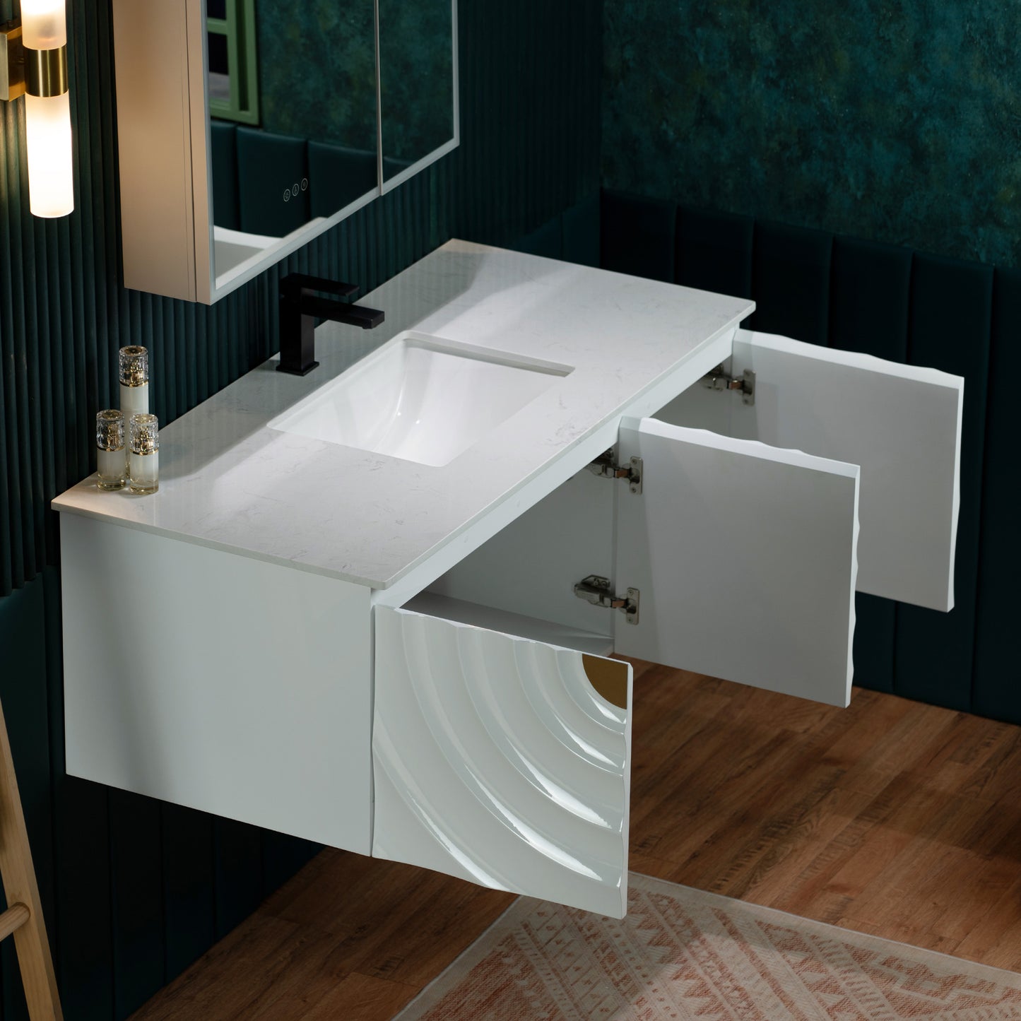 WOODBRIDGE 48" Cairo-WH-48FW | Wall-Mounted Floating Bathroom Vanity with White Stone Top, Ceramic Undermount Sink & White Cabinet
