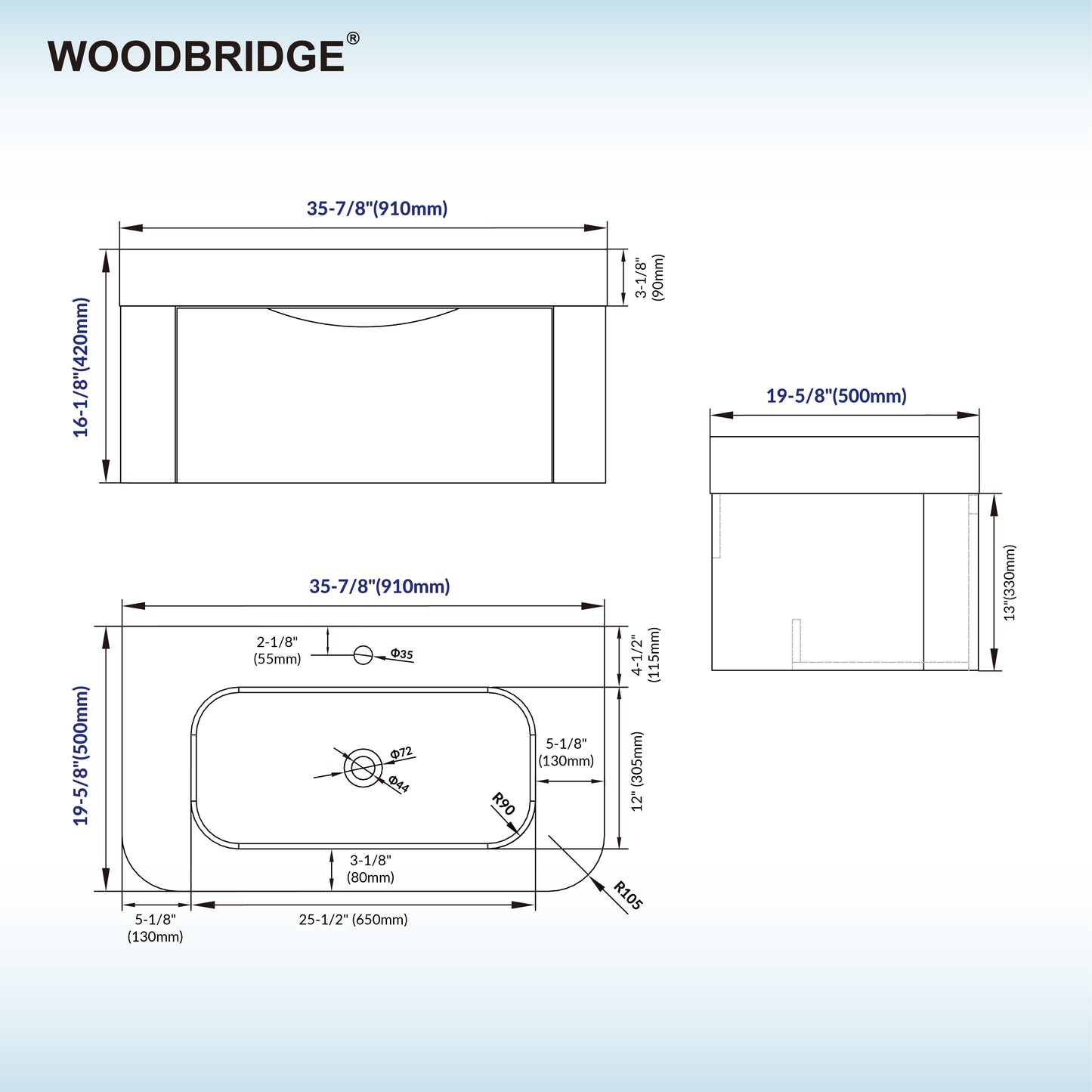 WOODBRIDGE 36" Lucus-36-WH | Wall-Mounted Floating Bathroom Vanity with Integrated White Resin Top, Wood Finish & Soft-Close Drawer