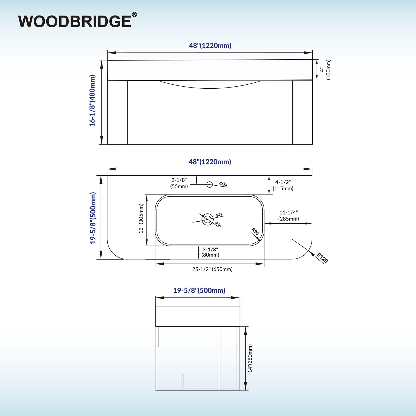 WOODBRIDGE 48" Lucus-48-WH | Wall-Mounted Floating Bathroom Vanity with White Resin Top & Wood Finish