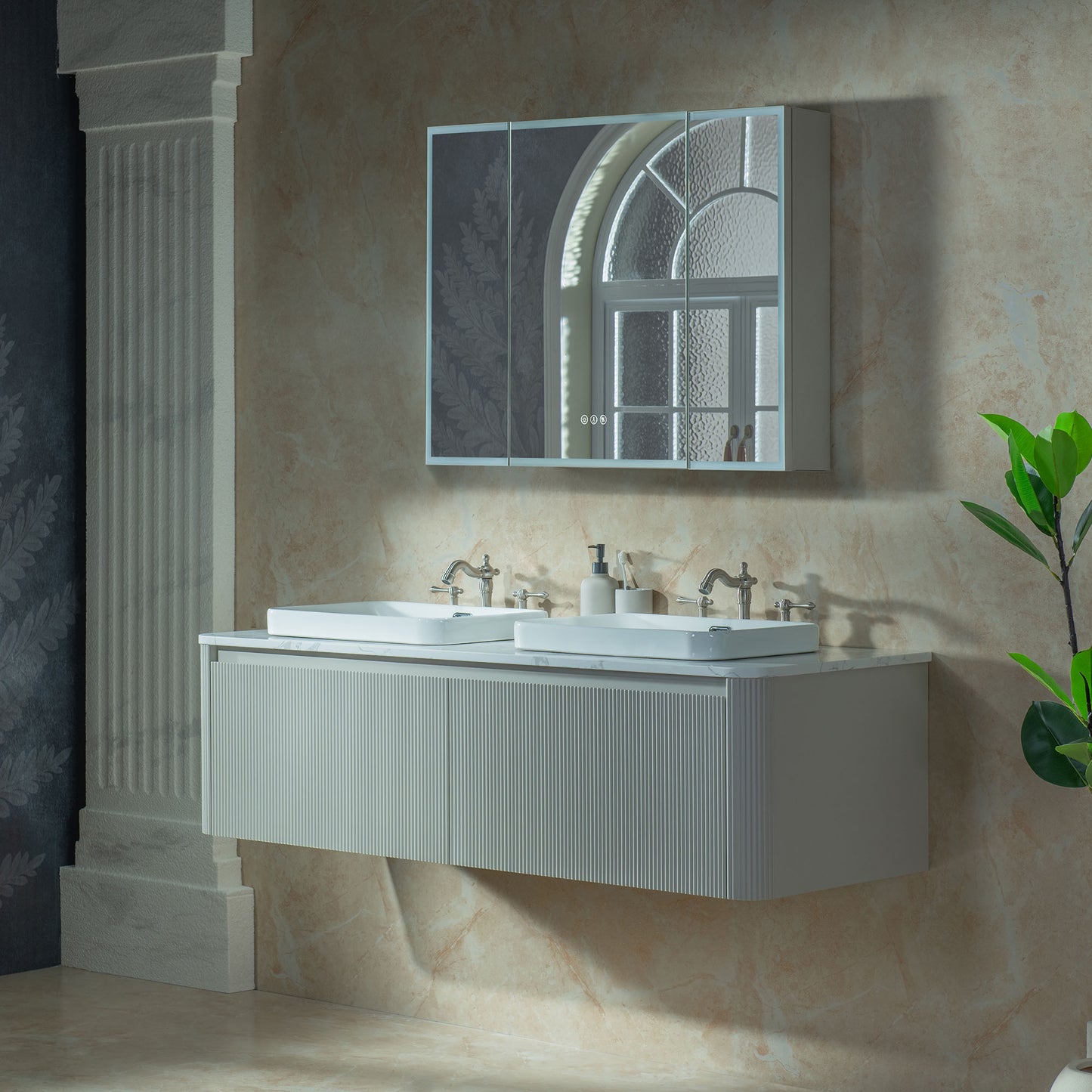 WOODBRIDGE 60" Mist-60D-WH | Wall-Mounted Floating Double Bathroom Vanity with Integrated White Sinks & Gray Cabinet