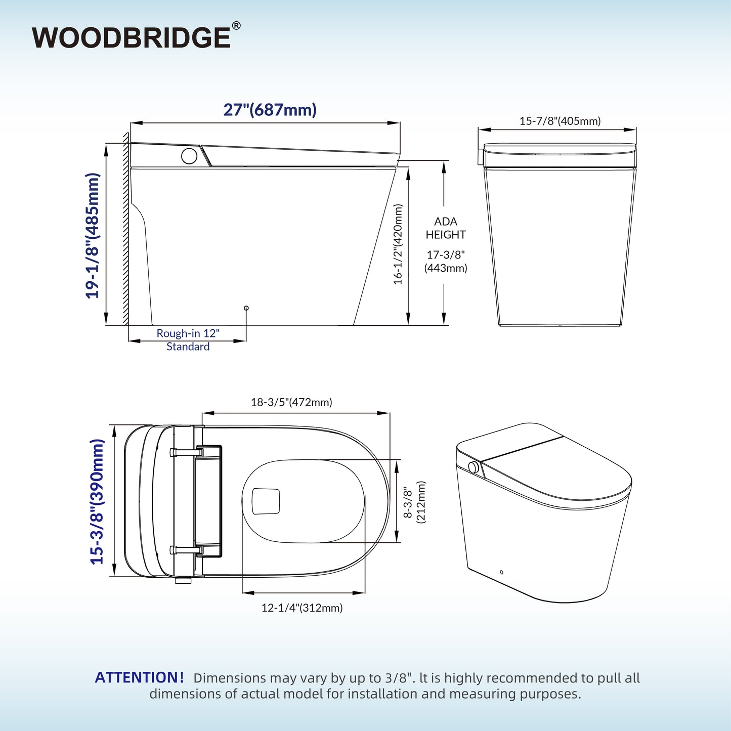 WOODBRIDGE GT090 | Bidet Smart Toilet | with Auto Open Lid, Heated Seat | Foam Shield | ADA Comfort Height