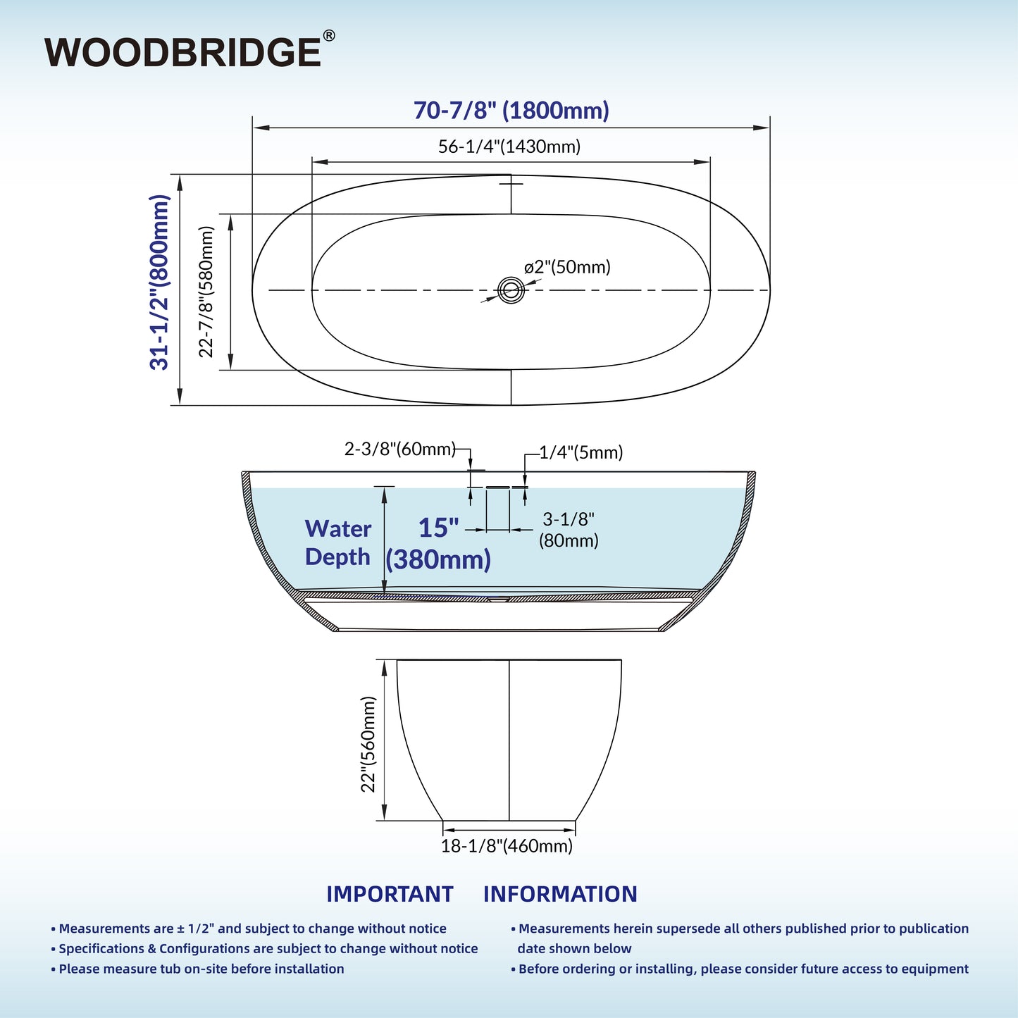 WOODBRIDGE 71" MST0805 | Luxury Contemporary Solid Surface Stone Resin Freestanding Bathtub | Matte White Modern Soaking Tub with Sleek Ergonomic Design