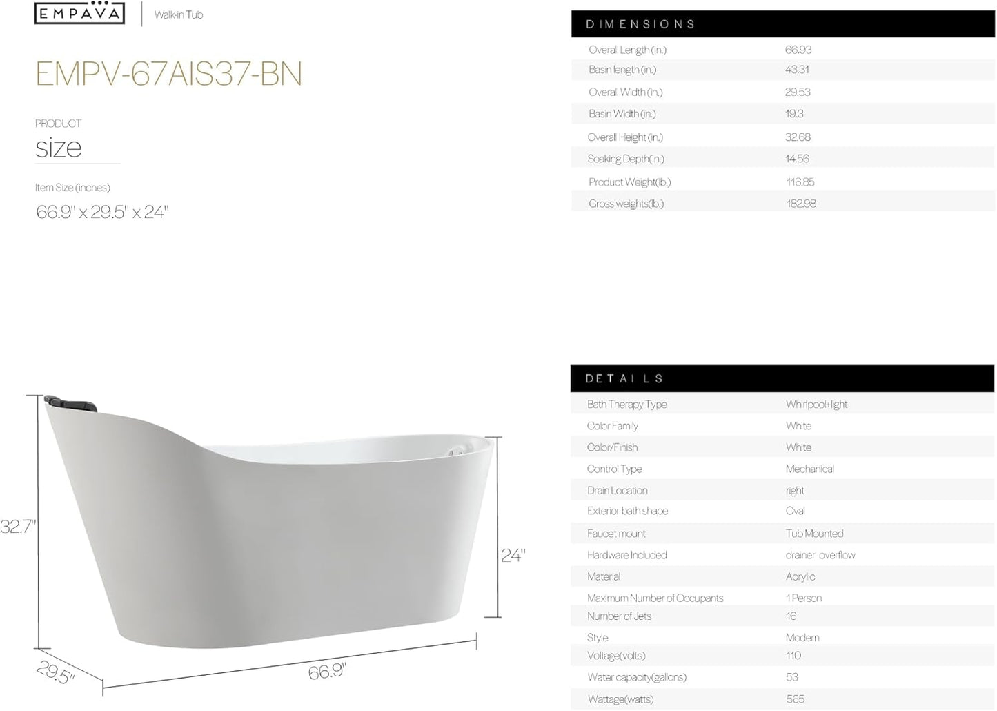 Empava EMPV-67AIS37-BN | 67" White Acrylic Single Slipper Whirlpool Bathtub | 16 Jets | Brushed Nickel