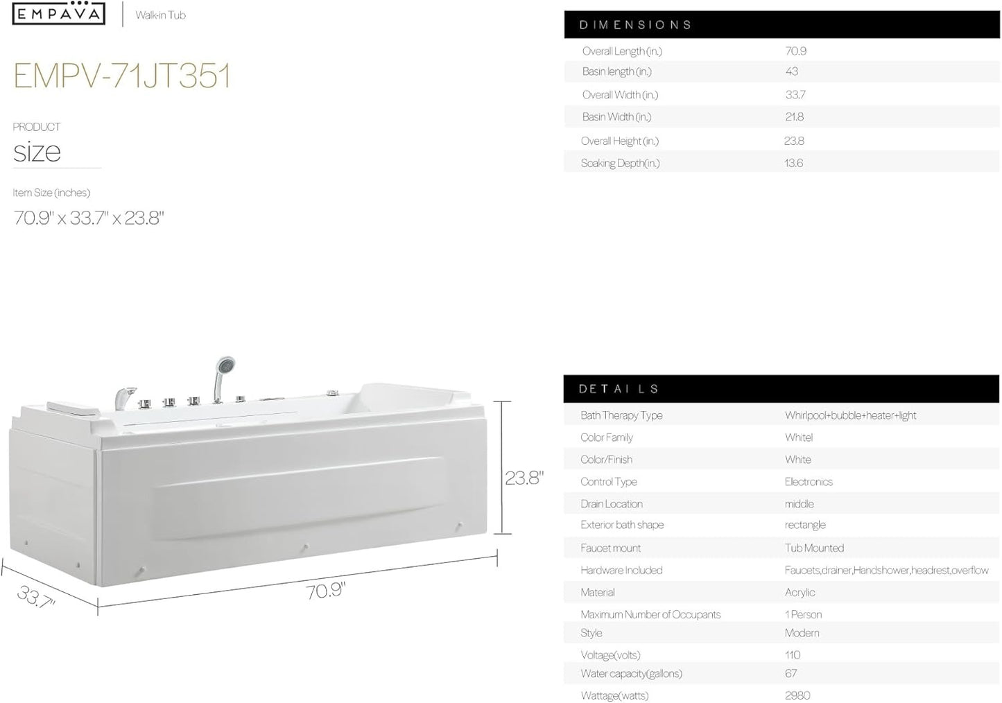 Empava EMPV-71JT351 Empava 71" Whirlpool Bathtub with Hydro Massage, Waterfall, Heater & LED Chromotherapy