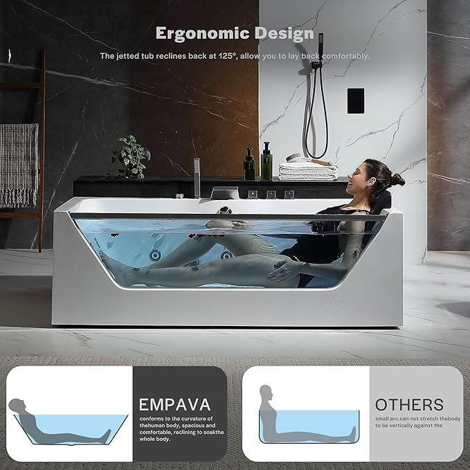 Empava EMPV-71JT408 71"L x 35"W x 25"H Whirlpool Bathtub 10 Jets with Inline Heater and Digital Control Panel