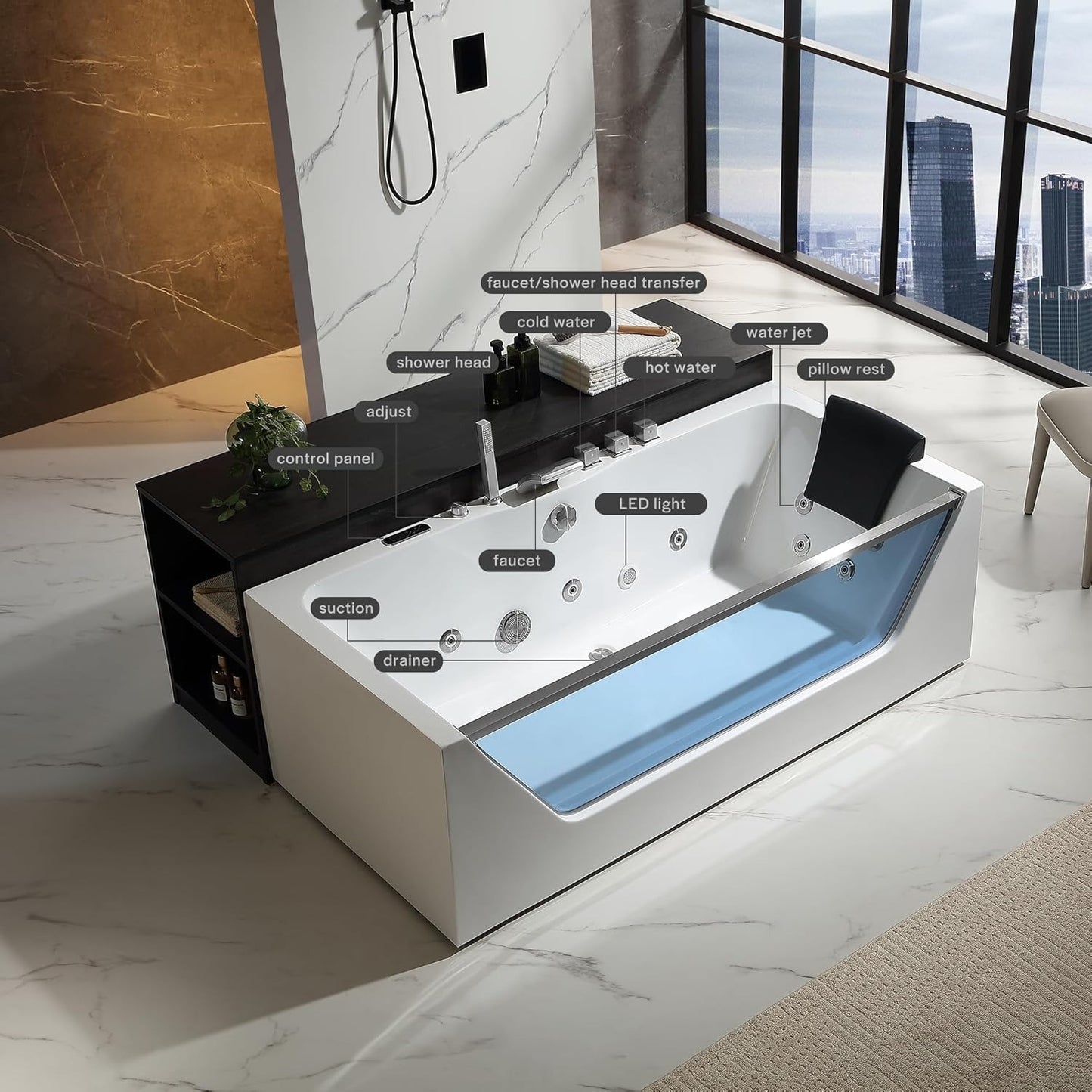 Empava EMPV-71JT408 71"L x 35"W x 25"H Whirlpool Bathtub 10 Jets with Inline Heater and Digital Control Panel
