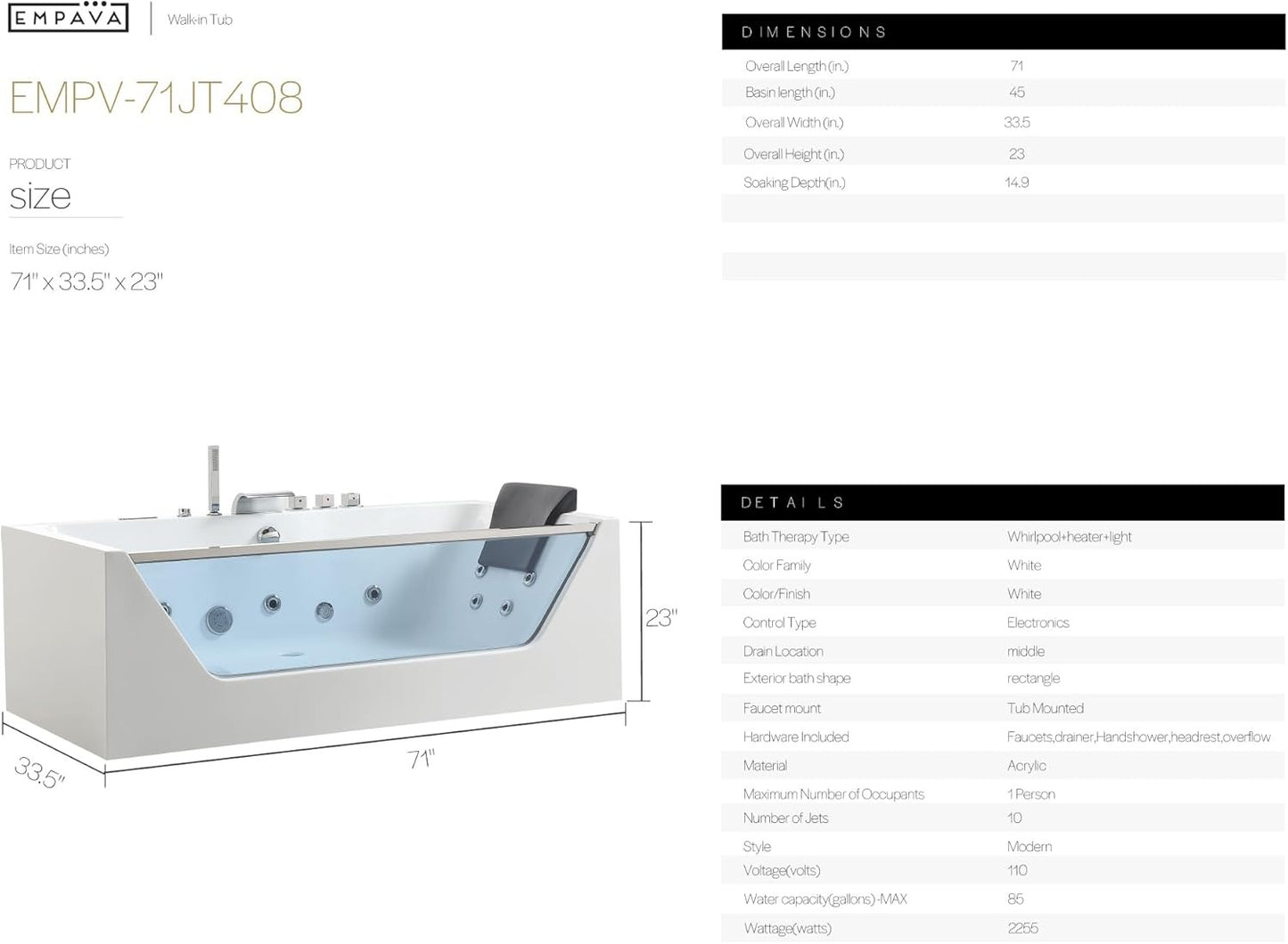Empava EMPV-71JT408 71"L x 35"W x 25"H Whirlpool Bathtub 10 Jets with Inline Heater and Digital Control Panel