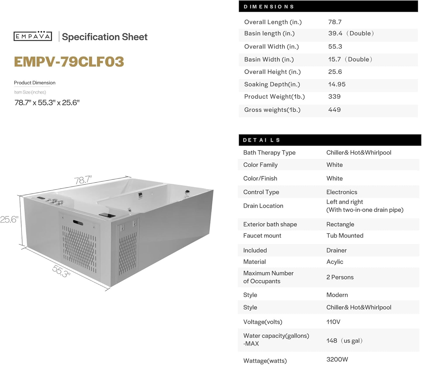 Empava 79" Dual-Zone Hot & Cold Plunge Tub with Smart Chiller | EMPV-79CLF03