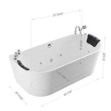 59" Compact Center Drain Tub | Whirlpool Jets & Dual Headrest