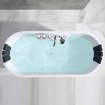 67" Freestanding Center Drain Tub | Whirlpool Jets & Dual Headrest