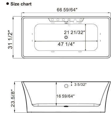67" Rectangular Whirlpool Bathtub With Center Drain & Dual Headrest | EMPV-67AIS16