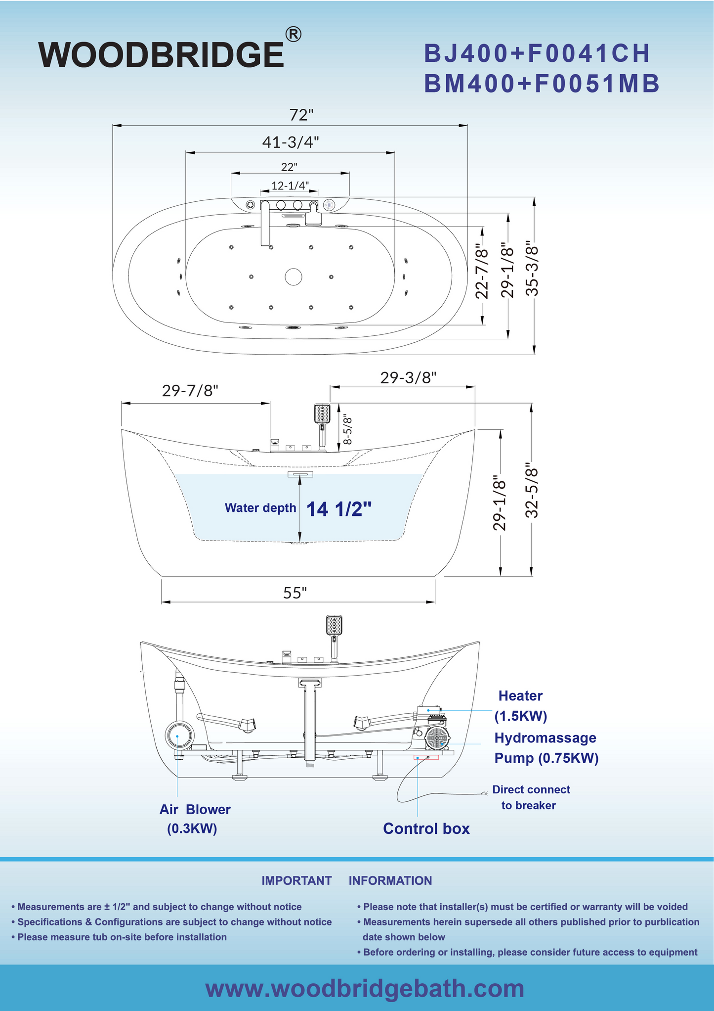 WOODBRIDGE BM400+F0051MB | 72" x 35-3/8" Whirlpool and Air Bath Heated Soaking Combination Tub with Adjustable Speed Air Blower, Tub Filler, and LED control panel, Matte Black Finish Trim and Drain Kit