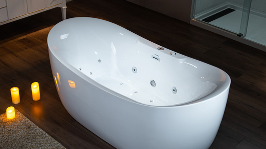 Woodbridge BJ400 72-inch freestanding whirlpool and air bubble bathtub with chrome trim in a modern master bathroom.
