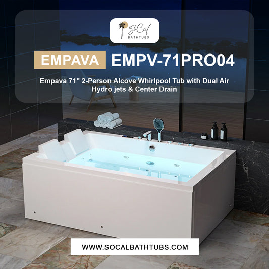 Empava 71" 2‑Person Alcove Whirlpool Tub with Dual Air Hydro jets & Center Drain I EMPV-71PRO04