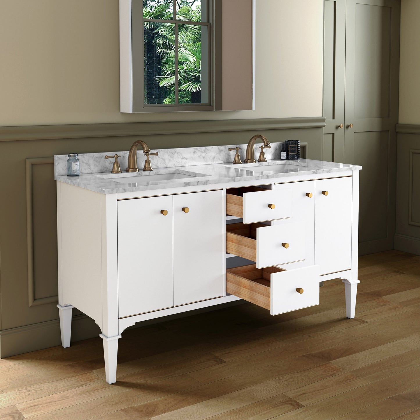 WOODBRIDGE Roma 61" | Double Bathroom Vanity | with Carrara Marble Top, Solid Wood Cabinet, Espresso & White Finish & Gold Hardware