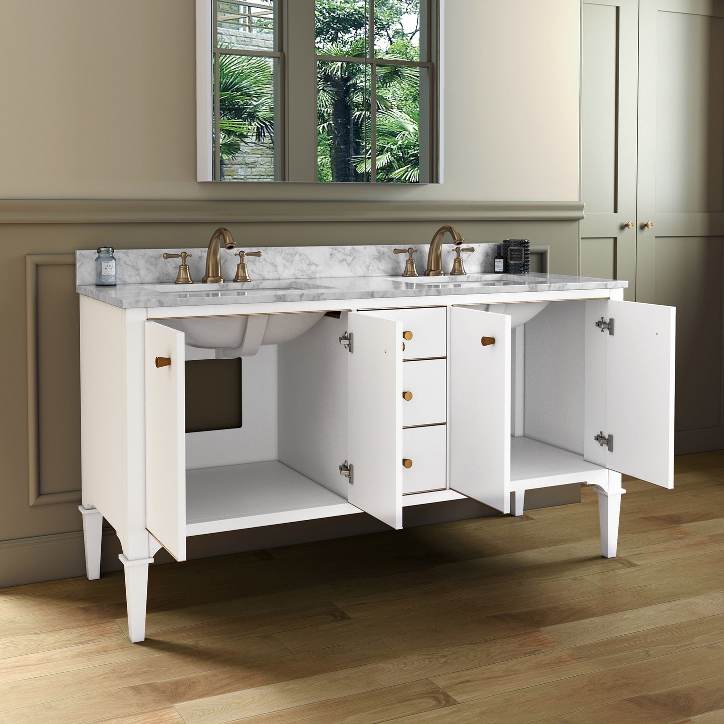 WOODBRIDGE Roma 61" | Double Bathroom Vanity | with Carrara Marble Top, Solid Wood Cabinet, Espresso & White Finish & Gold Hardware