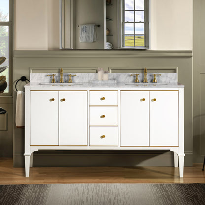 WOODBRIDGE Roma 61" | Double Bathroom Vanity | with Carrara Marble Top, Solid Wood Cabinet, Espresso & White Finish & Gold Hardware
