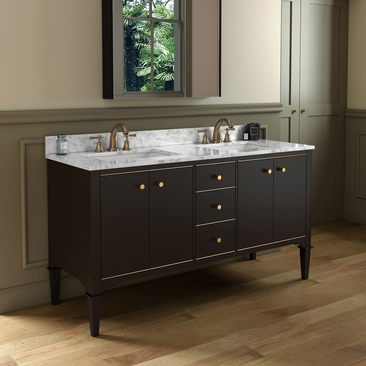 WOODBRIDGE Roma 61" | Double Bathroom Vanity | with Carrara Marble Top, Solid Wood Cabinet, Espresso & White Finish & Gold Hardware