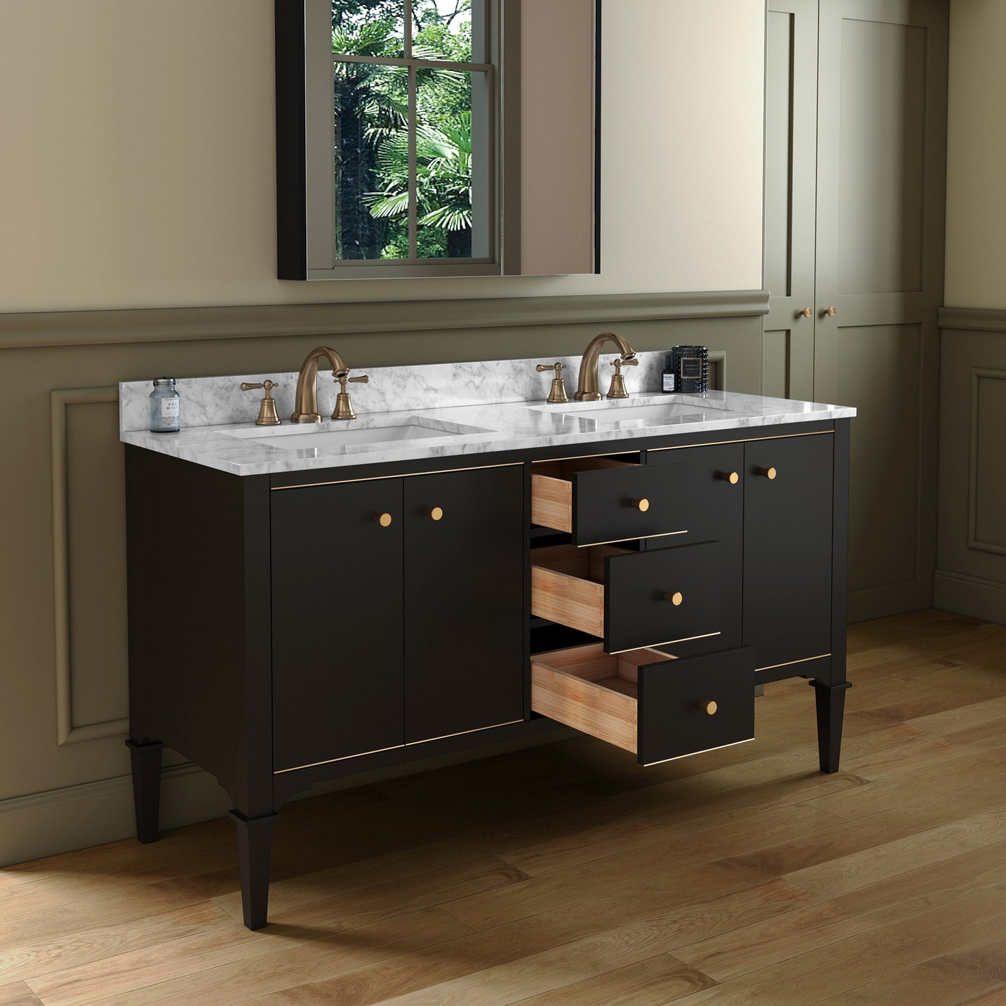 WOODBRIDGE Roma 61" | Double Bathroom Vanity | with Carrara Marble Top, Solid Wood Cabinet, Espresso & White Finish & Gold Hardware