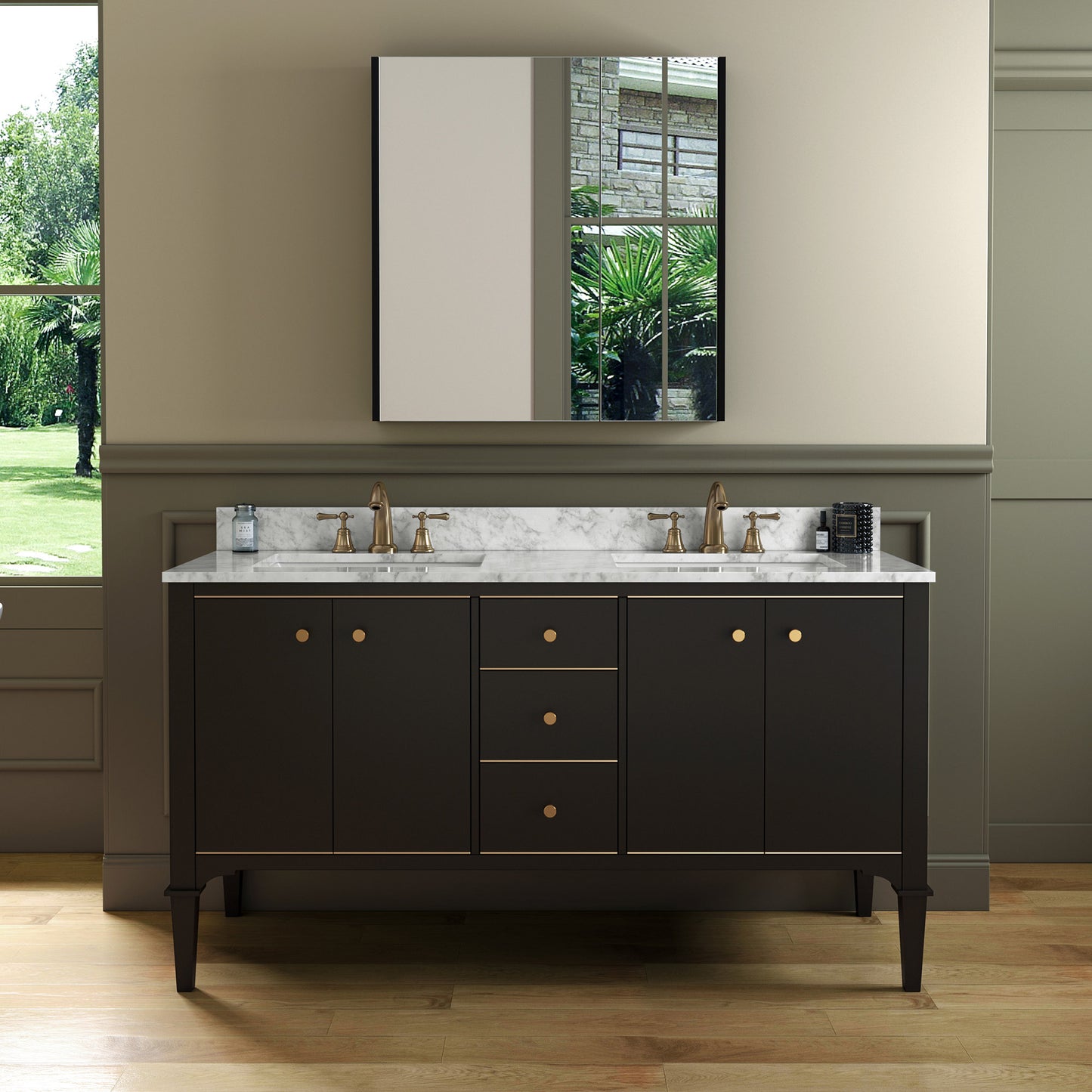 WOODBRIDGE Roma 61" | Double Bathroom Vanity | with Carrara Marble Top, Solid Wood Cabinet, Espresso & White Finish & Gold Hardware