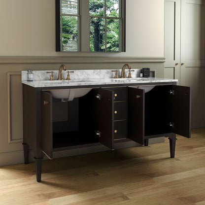 WOODBRIDGE Roma 61" | Double Bathroom Vanity | with Carrara Marble Top, Solid Wood Cabinet, Espresso & White Finish & Gold Hardware