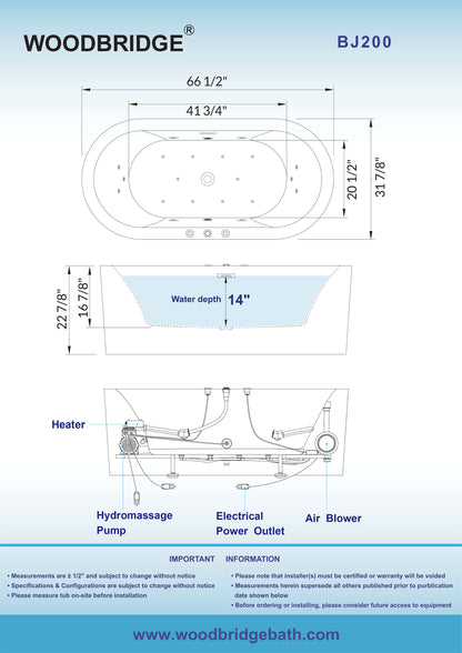 Technical specifications and dimensions for Woodbridge BJ200 66-inch heated combo tub for master bath installation.jpg