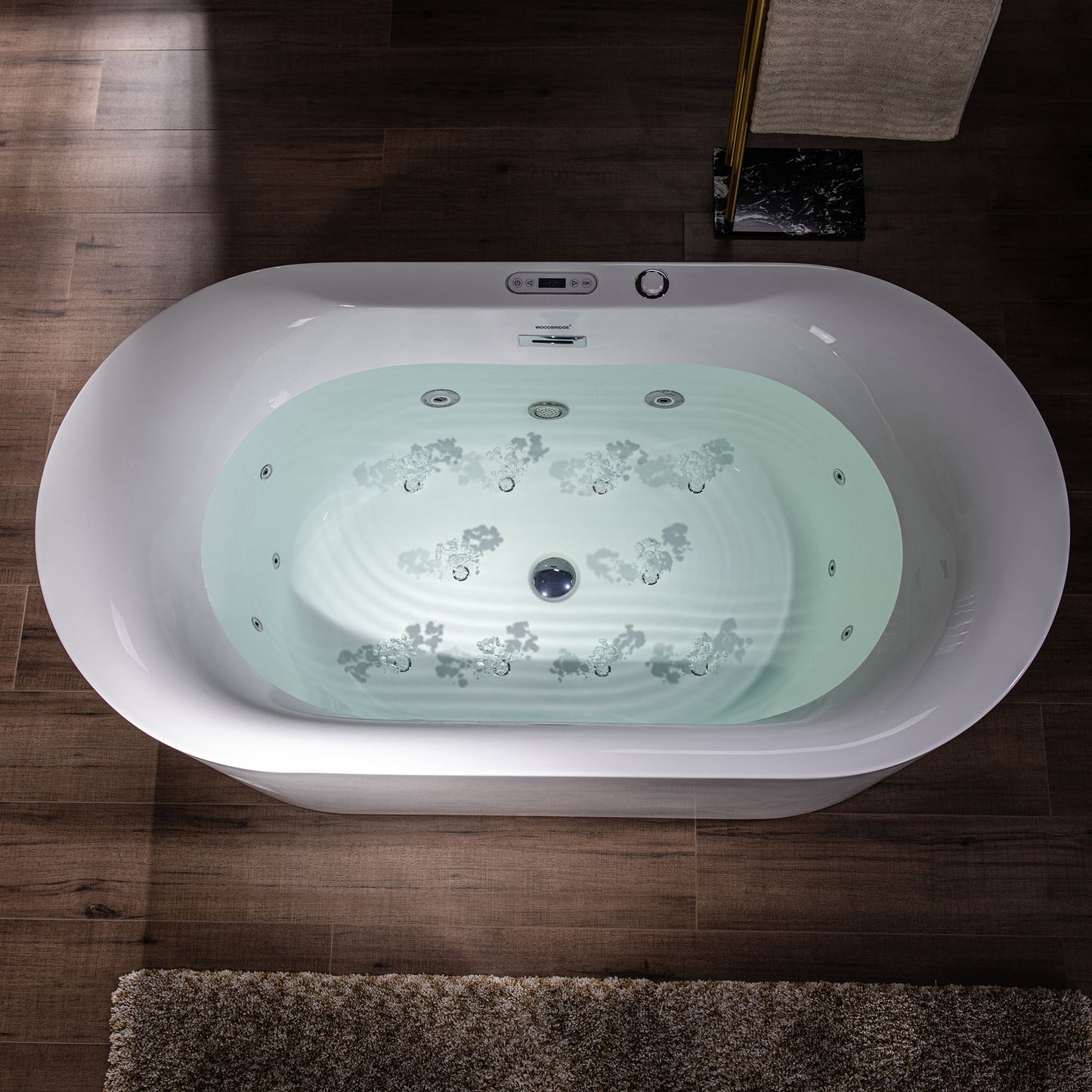 WOODBRIDGE BJ100 59" x 31-1/2" Whirlpool Water Jetted + Air Bubble Freestanding Heated Soaking Combo Bathtub with LED Controls