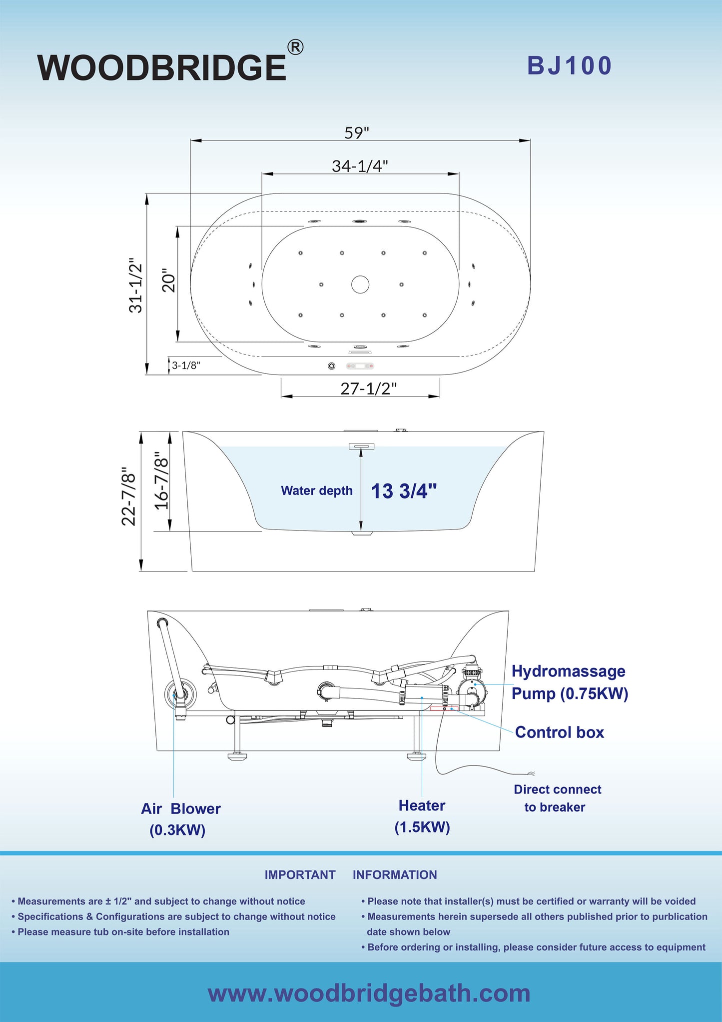 WOODBRIDGE BJ100 59" x 31-1/2" Whirlpool Water Jetted + Air Bubble Freestanding Heated Soaking Combo Bathtub with LED Controls