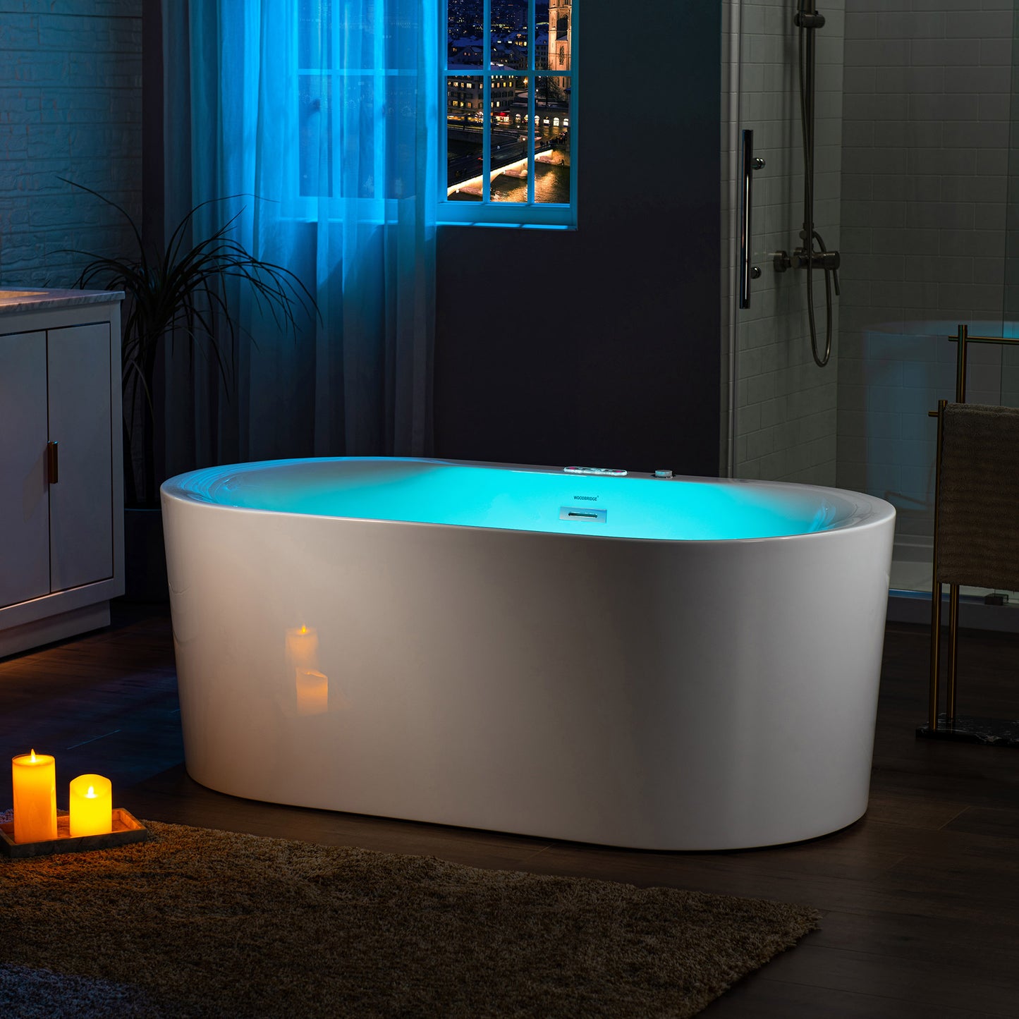 WOODBRIDGE BJ100 59" x 31-1/2" Whirlpool Water Jetted + Air Bubble Freestanding Heated Soaking Combo Bathtub with LED Controls