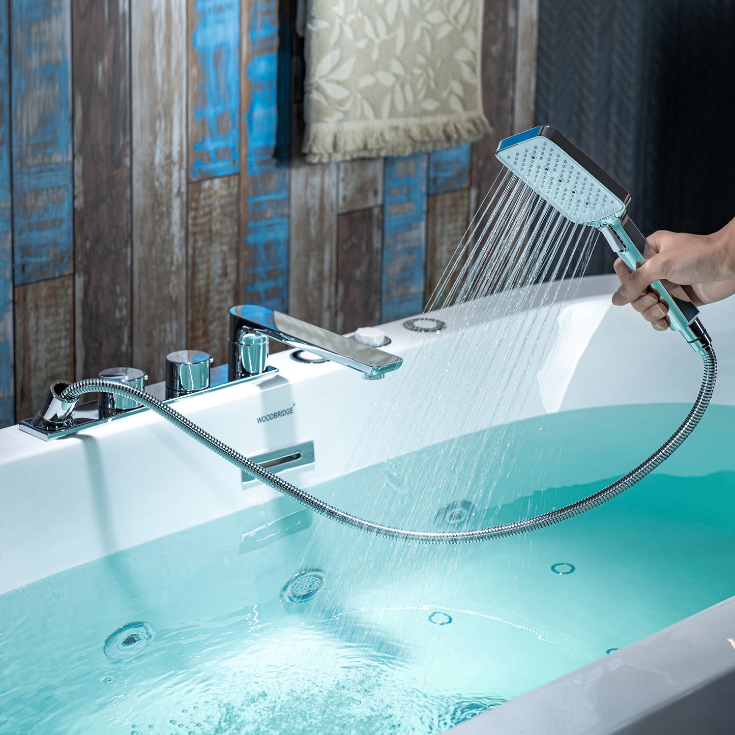 WOODBRIDGE BJ200+F0041CH - 66-1/2" x 31-7/8" Whirlpool Water Jetted and Air Bubble Freestanding Heated Soaking Combination Bathtub with Tub Filler