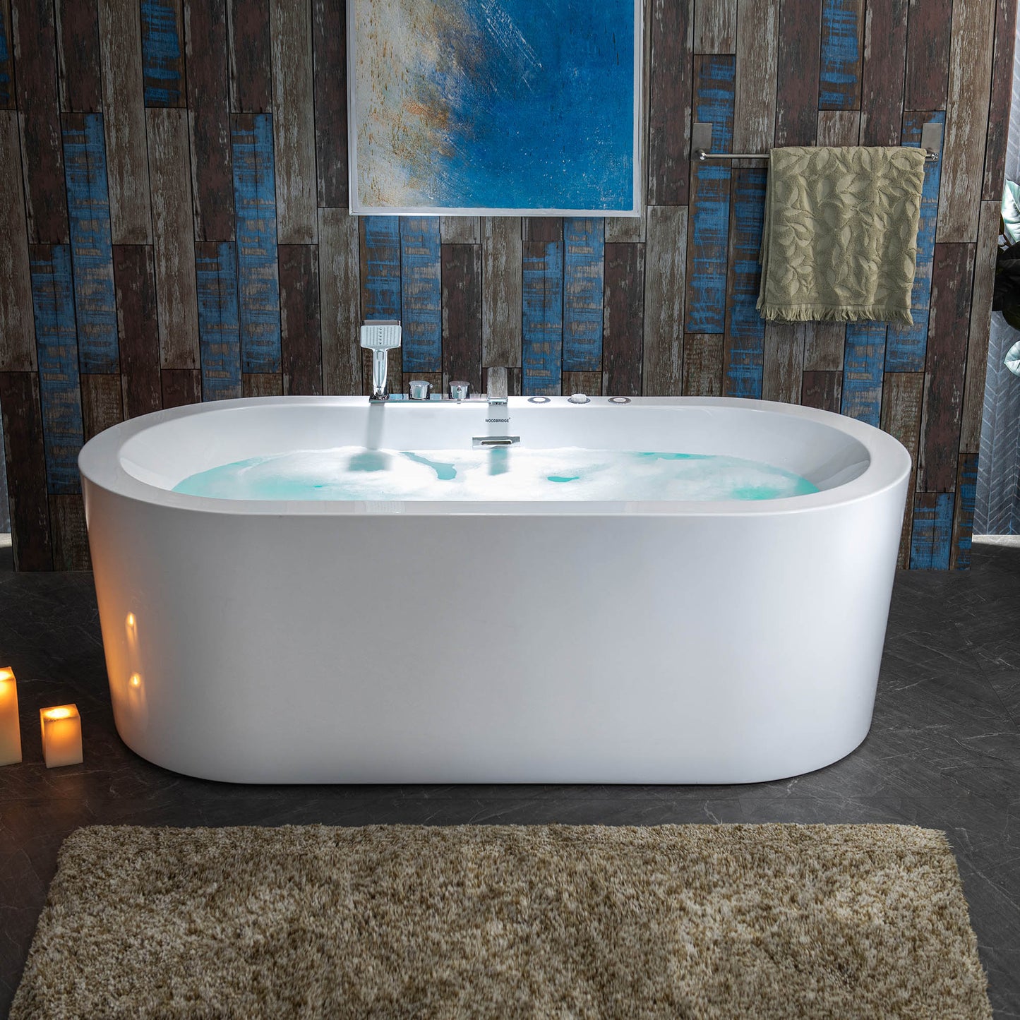 WOODBRIDGE BJ200+F0041CH - 66-1/2" x 31-7/8" Whirlpool Water Jetted and Air Bubble Freestanding Heated Soaking Combination Bathtub with Tub Filler