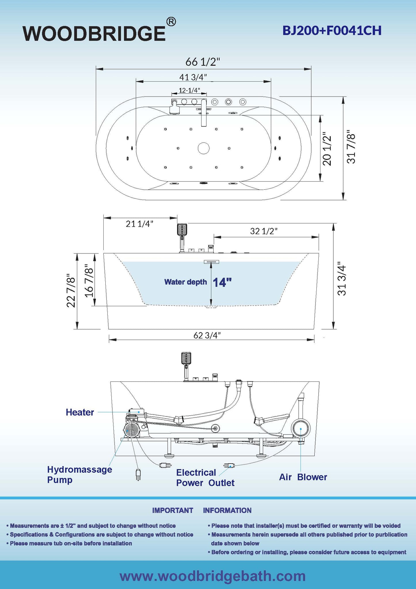 WOODBRIDGE BJ200+F0041CH - 66-1/2" x 31-7/8" Whirlpool Water Jetted and Air Bubble Freestanding Heated Soaking Combination Bathtub with Tub Filler