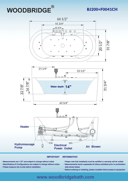 66" Heated Tub with Tub Filler With Dual Jet Combo Freestanding