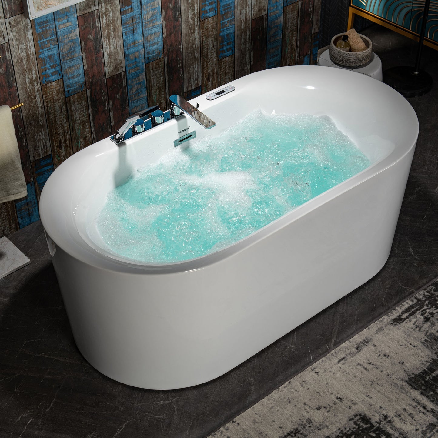 Woodbridge BJ100+F0041CH - 59" x 31-1/2" Whirlpool Combo Water Jetted and Air Bubble Freestanding Heated Bathtub LED Control Panel & Inline Heater